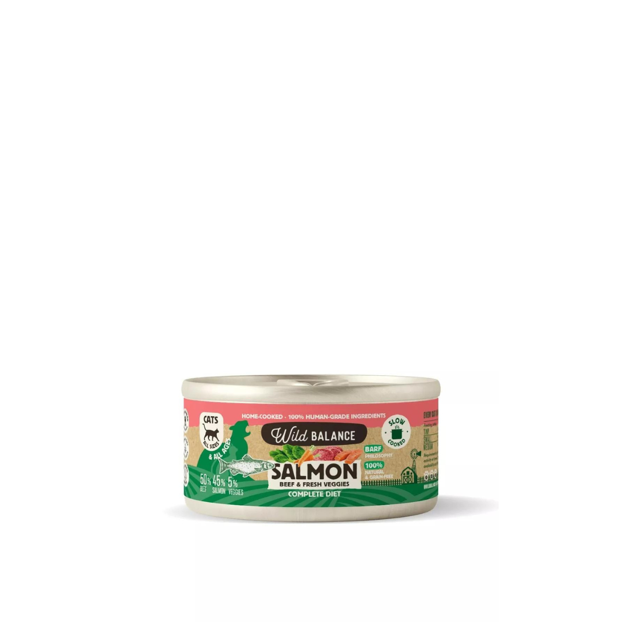 BARF Saumon et Buf en Conserve Vapeur avec Lgumes Frais pour Chats - Wild Balance -120g