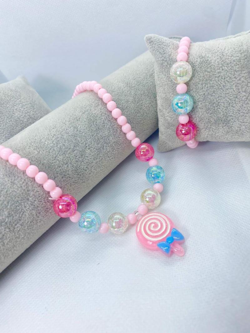 Colar e pulseira Criana lollipop rosa